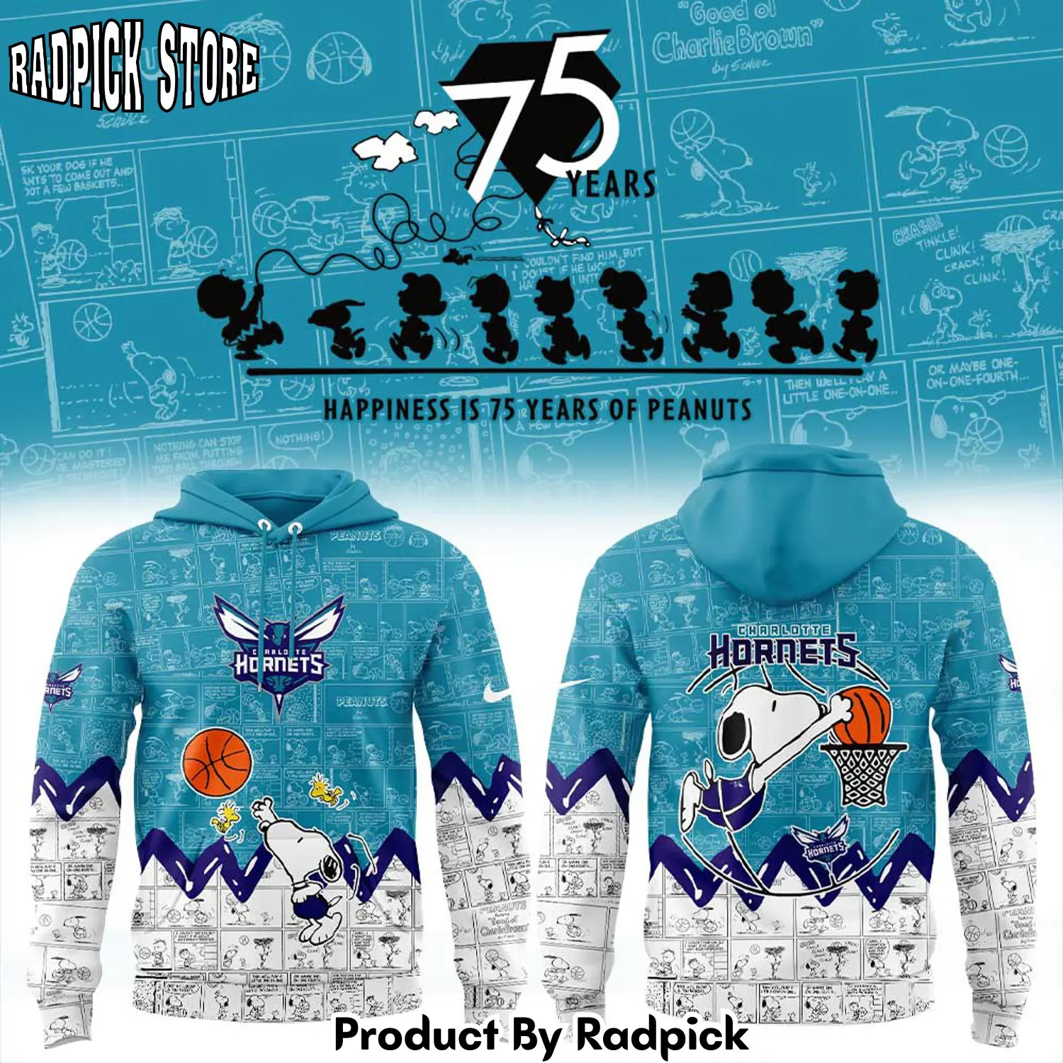 Charlotte hornets wizards 75th anniversary of peanuts hoodie joggers hoodie and long pants set rp291871